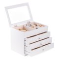 Bey Berk International Bey-Berk International BB684WHT White Wood Jewelry Case with 3 Drawers & Glass See-Thru Top BB684WHT